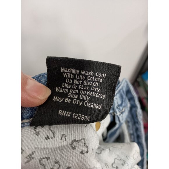 VTG Y2K Rerock For Express Bootcut Jeans Womens Sz 4 Short Blue Denim Distressed - Picture 12 of 12